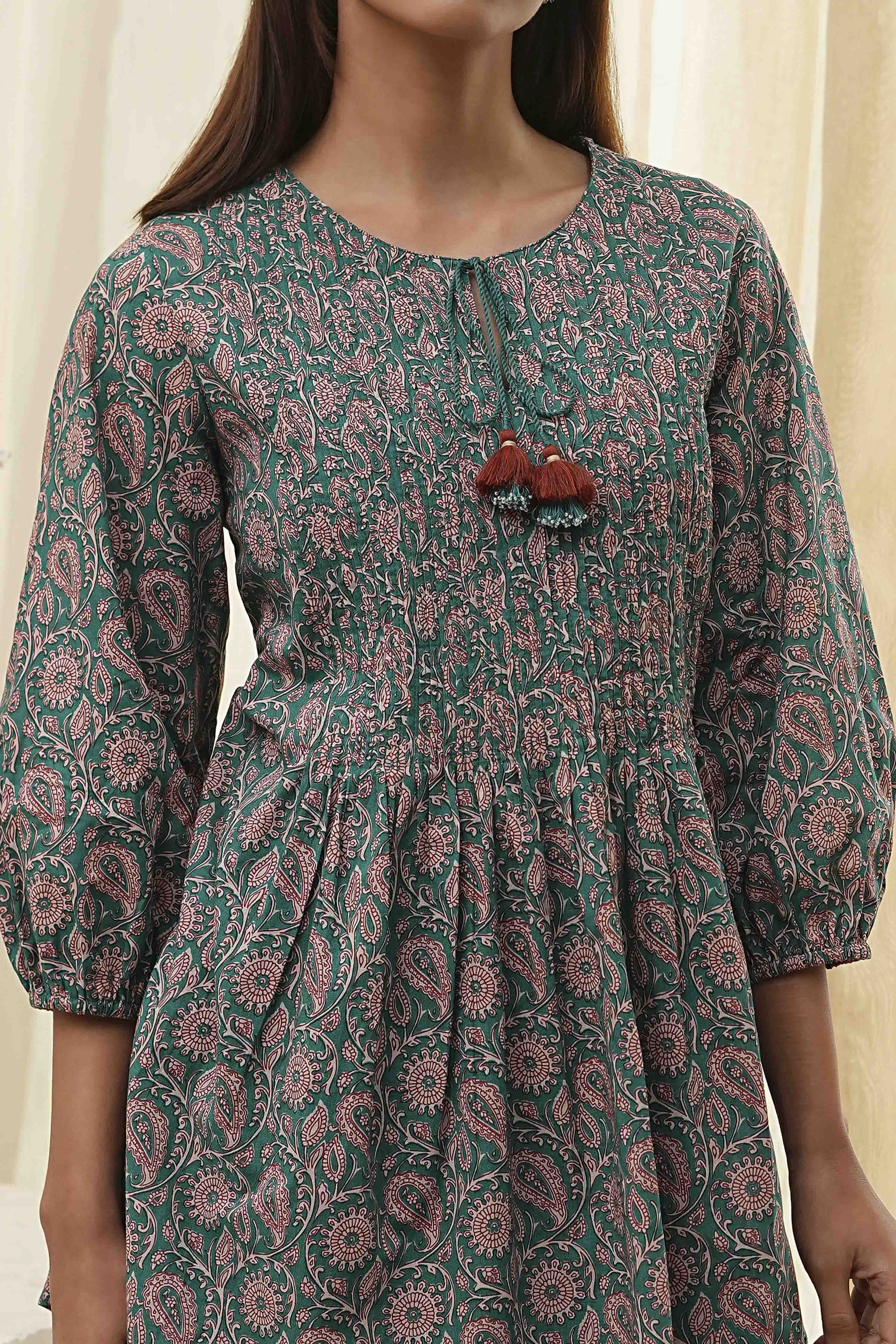 Teal Green Cotton Pleated A-Line Short Kurta image number 1