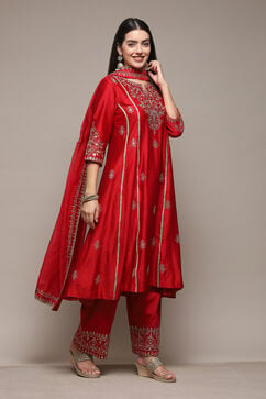 Red Cotton Silk Kalidar Kurta Palazzo Suit Set image number 5