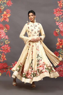 Rohit Bal Off White Cotton Blend Anarkali Kurta Suit Set image number 5