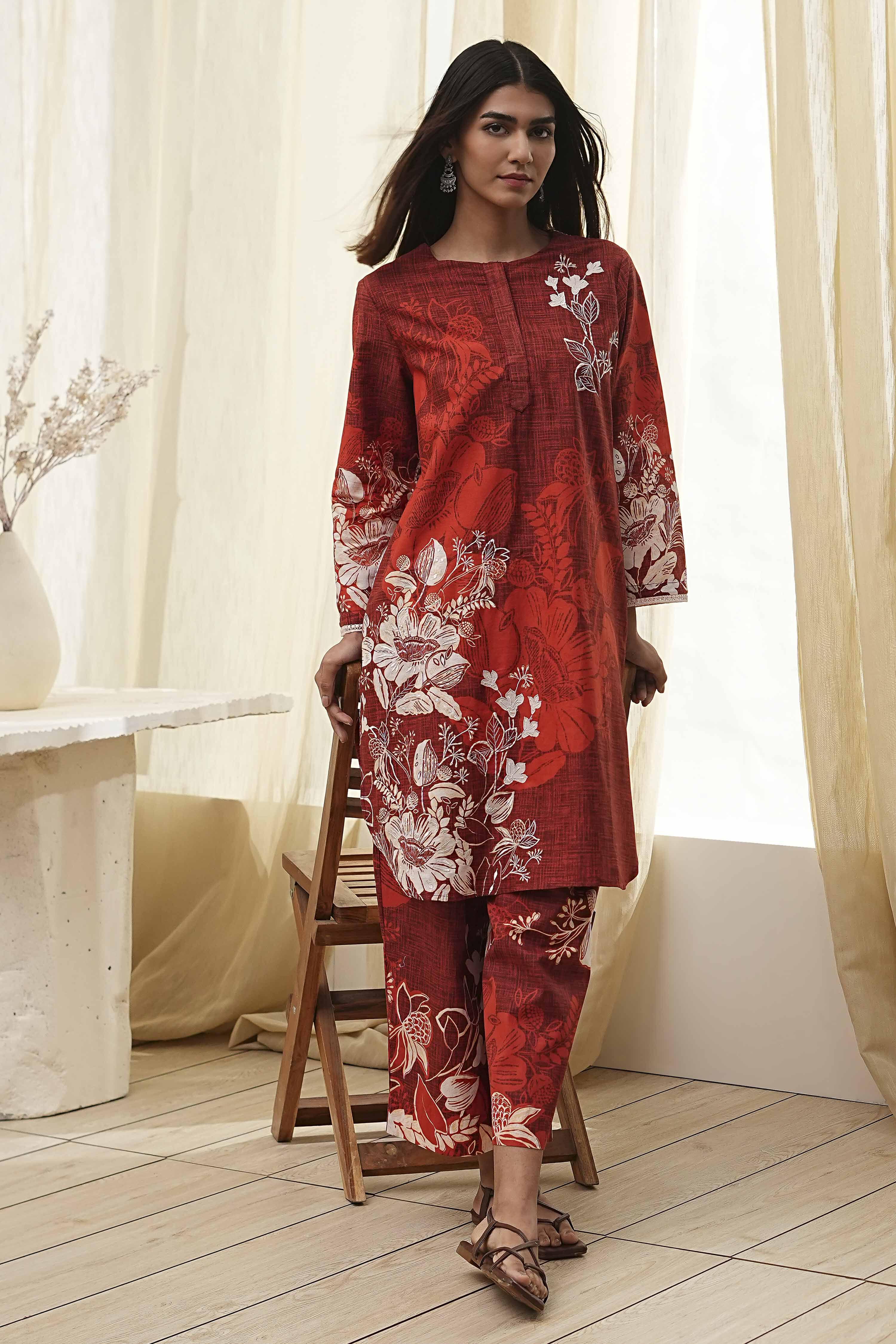 Rust Cotton Floral Straight Kurta Set image number 0