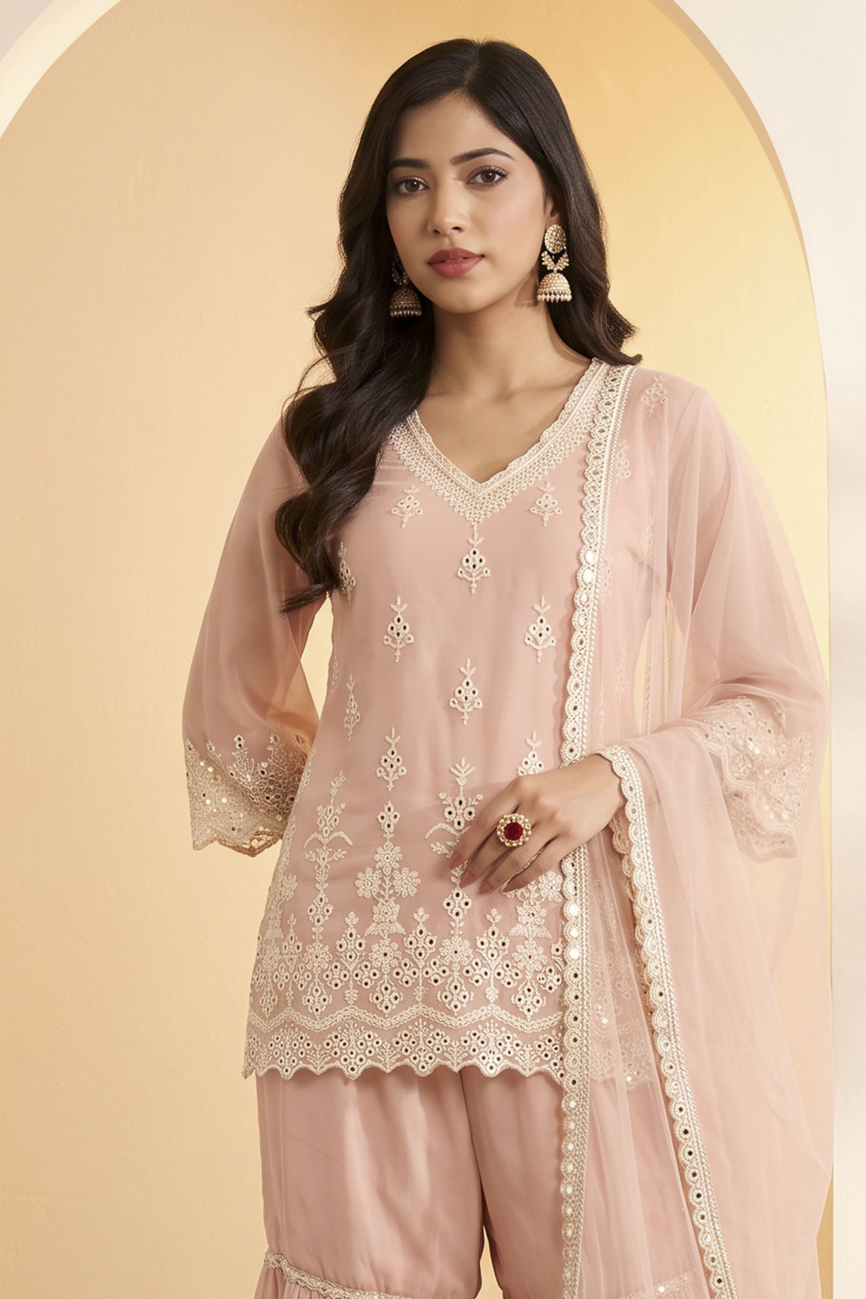Blush Pink Embroidered Sharara Set with Net Dupatta image number 1