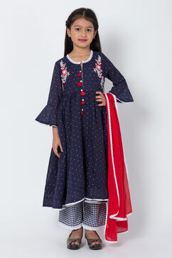 Navy Blue And White Poly Cotton Front Open Straight Kurta Palazzo Suit Set image number 0