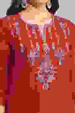 Red Art Silk Straight Kurta Slim Pant Suit Set image number 1