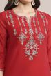 Red Art Silk Straight Kurta Slim Pant Suit Set image number 1