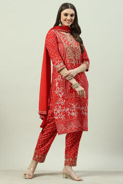 Red Cotton Straight Kurta Relaxed Pant Suit Set image number 3
