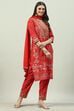 Red Cotton Straight Kurta Relaxed Pants Suit Set image number 3