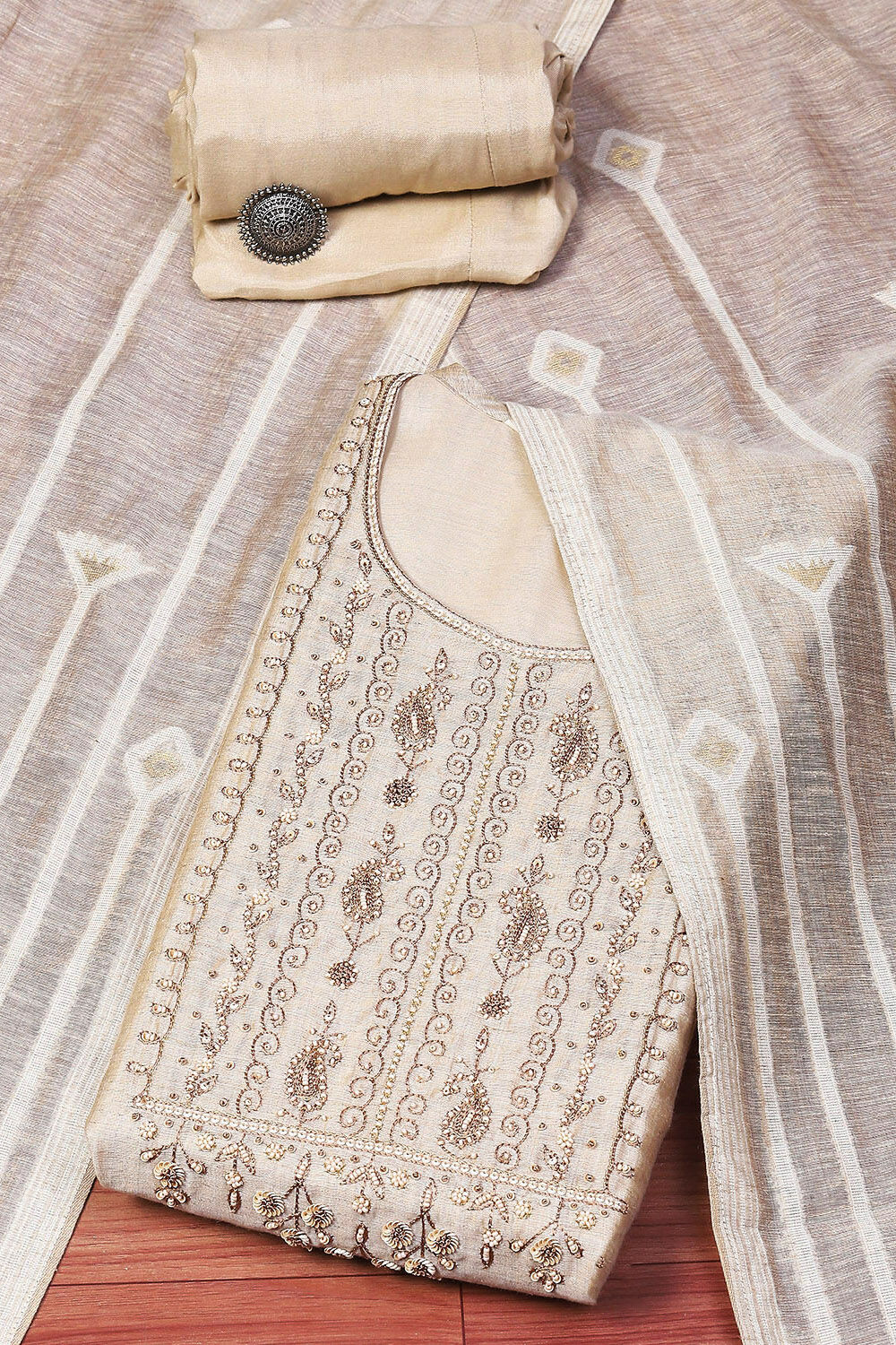 Off White Chanderi Blend Unstitched Suit set image number 0