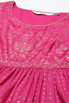 Pink Cotton Flared Printed Dress image number 1