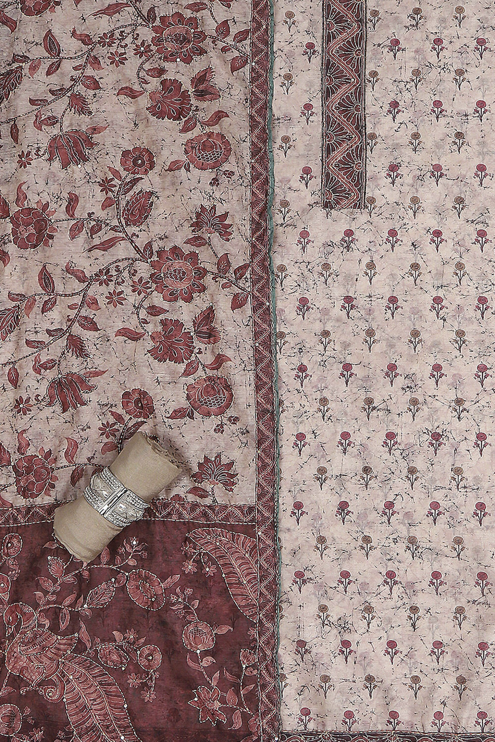 Beige Chanderi Hand Embroidered Unstitched Suit Set image number 1