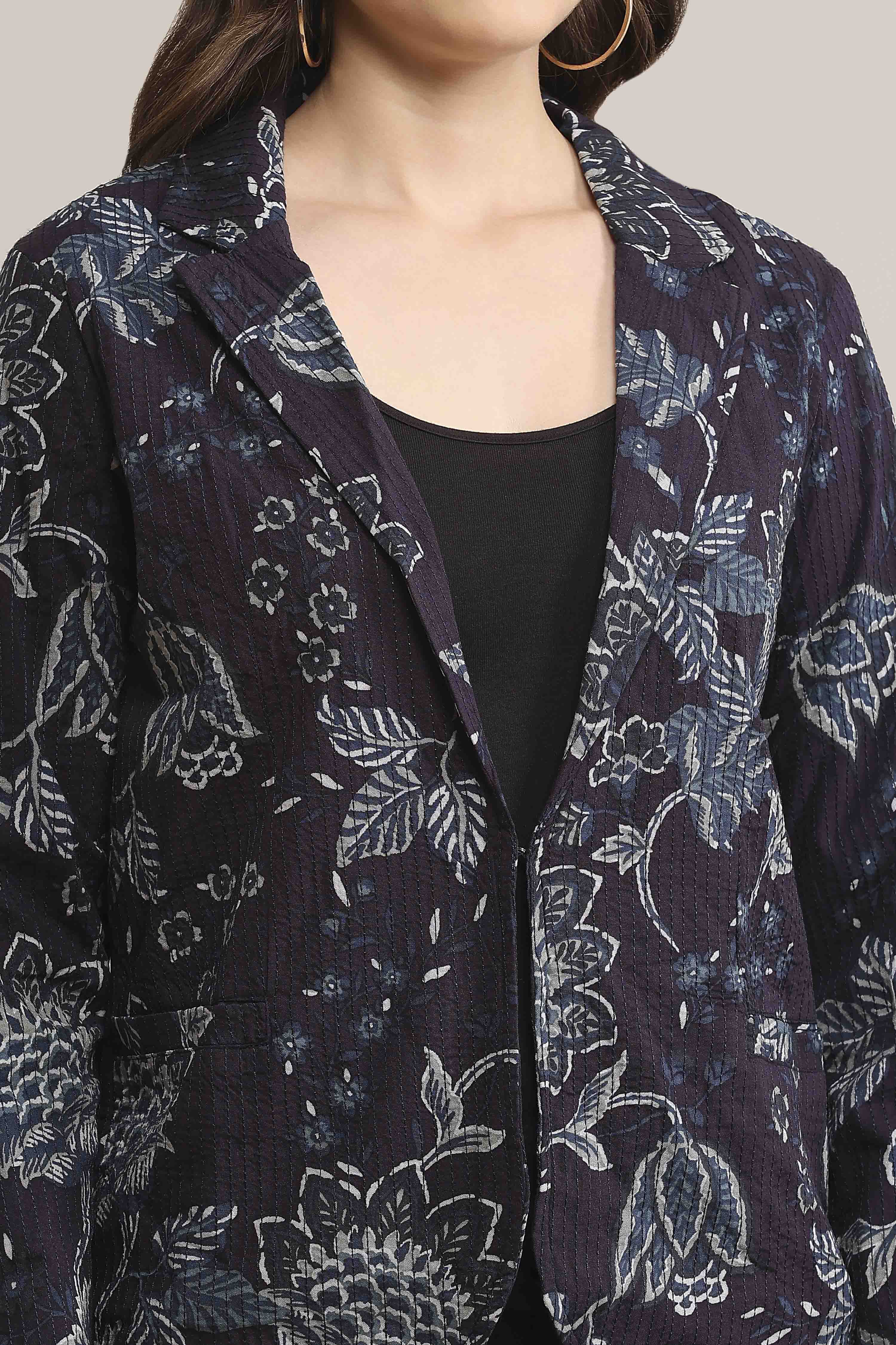 Navy Rayon Straight Printed Jacket image number 1
