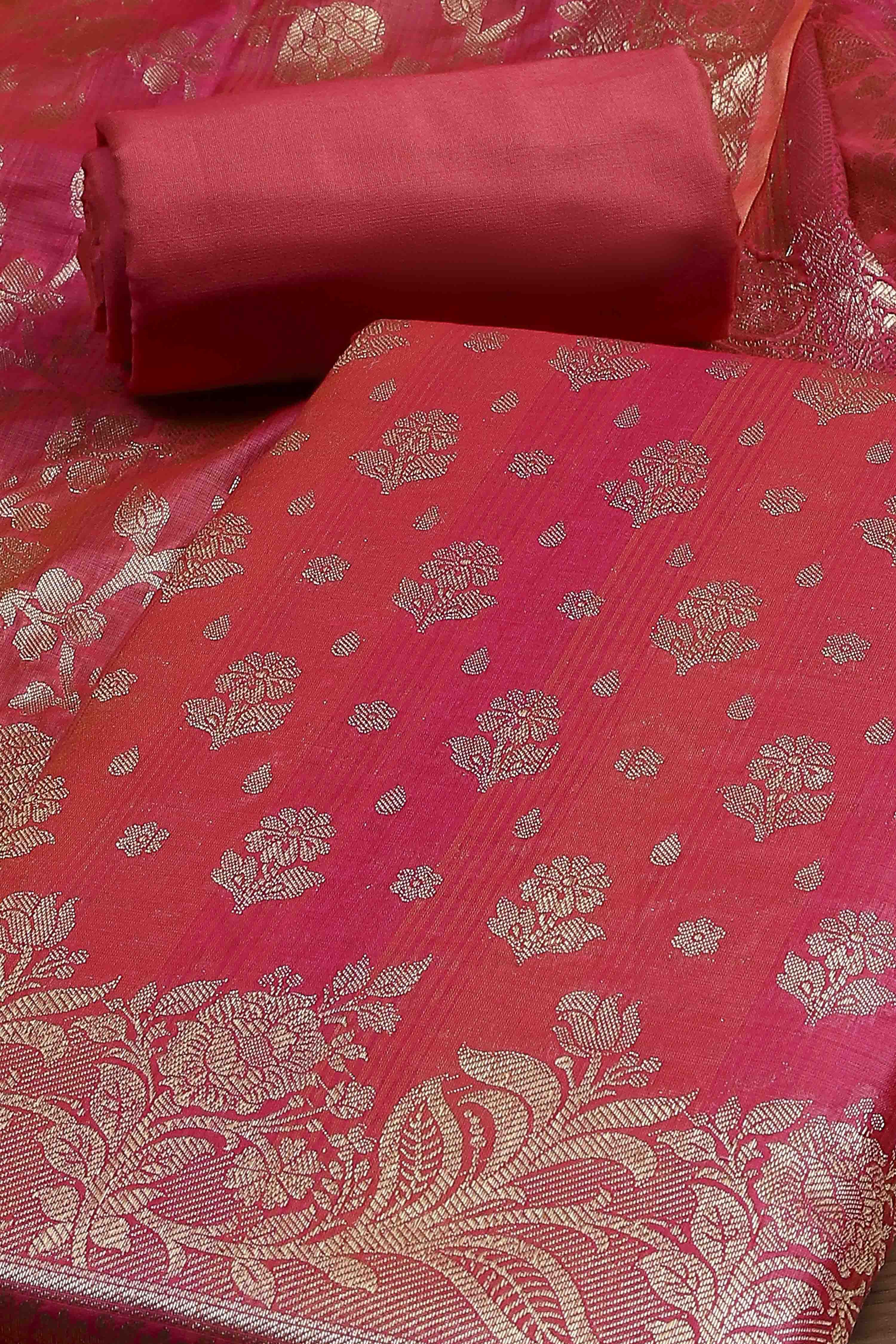 Pink Cotton Printed Embroidered Unstitched Suit Set image number 1