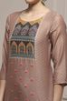 Brown Chanderi Blend Printed Embroidered Unstitched Suit Set image number 2