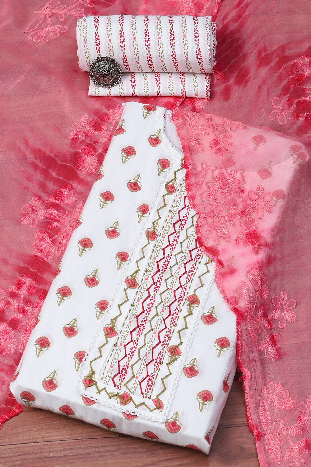 Pink Cotton Handloom Unstitched Suit Set image number 0