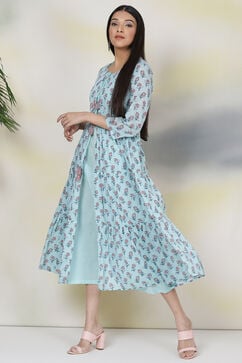 Turquoise Cotton Double Layered Dress image number 5