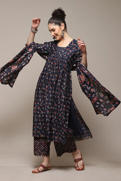 Navy Poly Cotton Layered Kurta Palazzo Suit Set image number 0