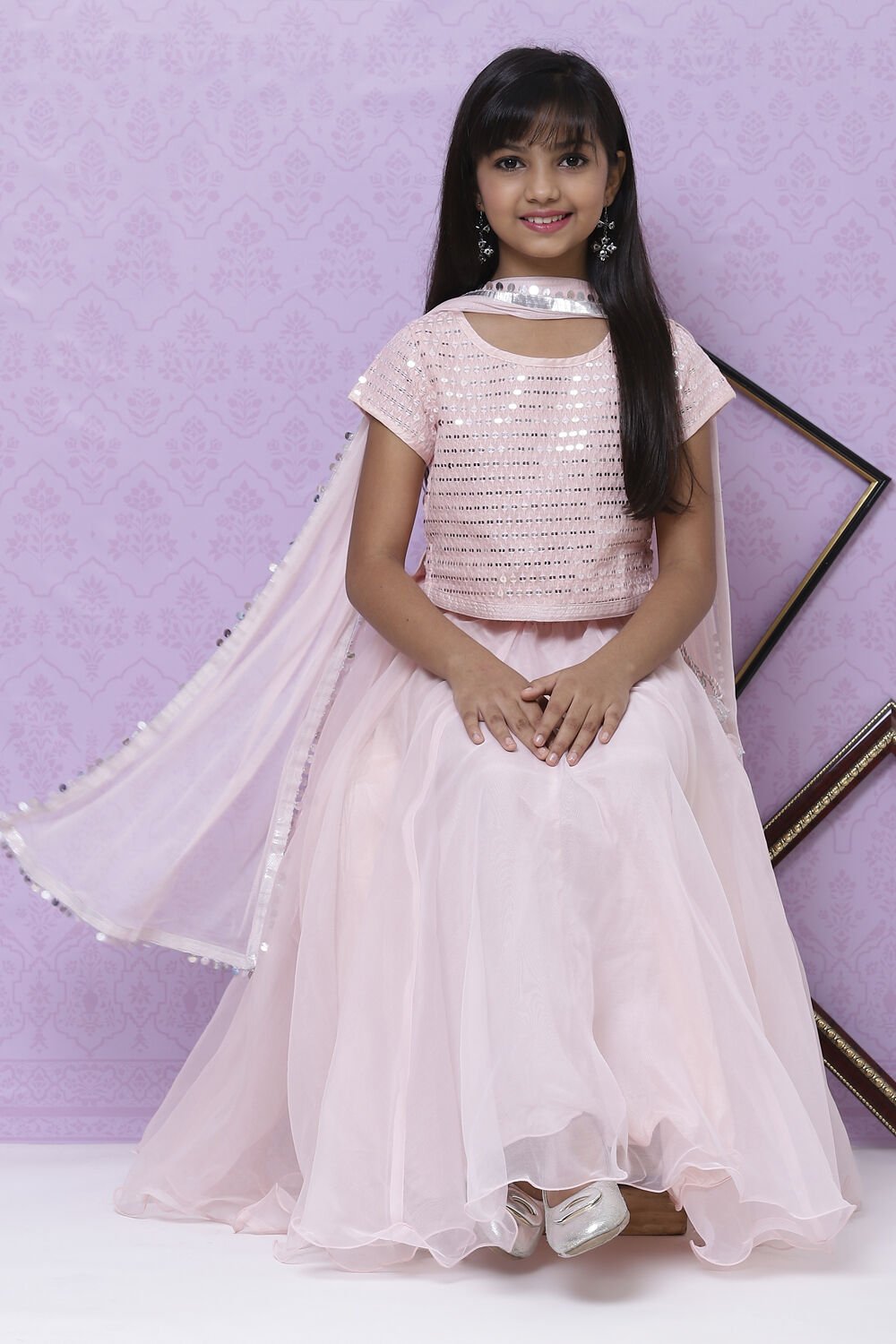 Pastel Pink Poly Cotton Girls Lehenga Set at Biba India
