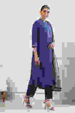 Indigo Cotton Solid Straight Suit Set image number 5