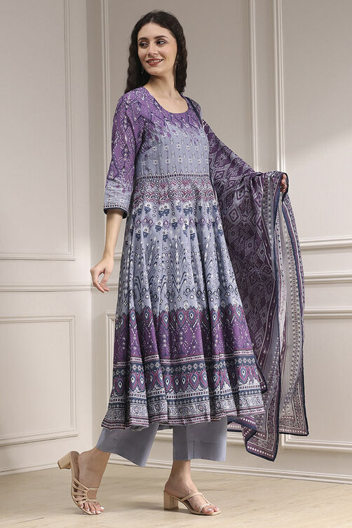 Lilac Cotton Printed Anarkali Suit Set image number 5