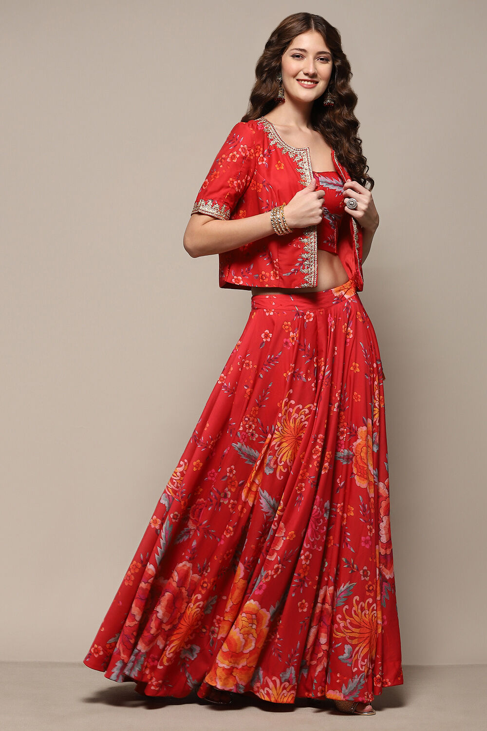 Red Floral Printed Flared Lehenga Set with Jacket at Biba India