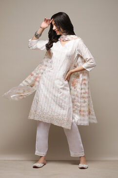 White Chanderi Digital Print Unstitched Suit Set image number 1