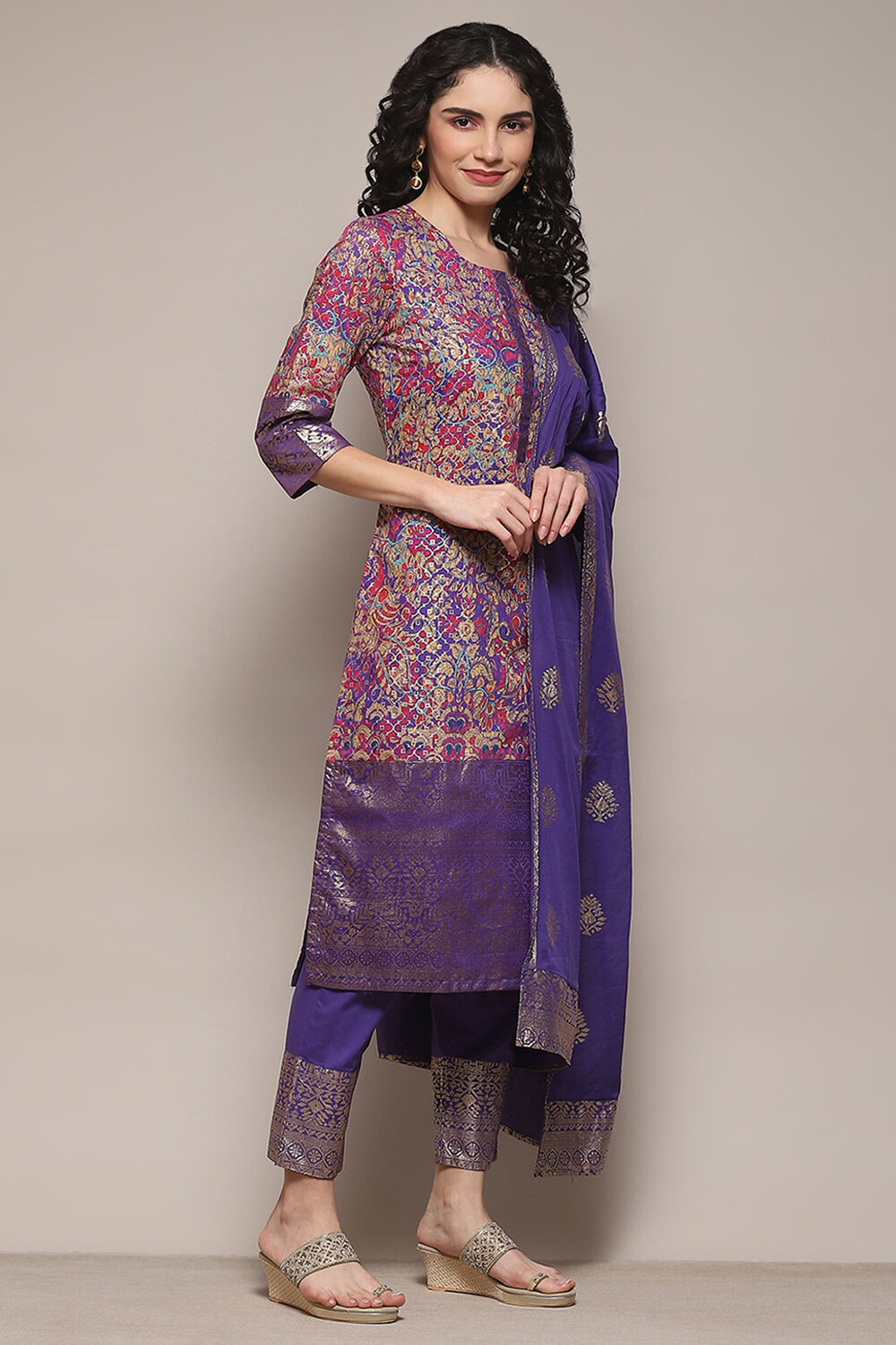 Pink & Purple Voile Straight Printed Kurta Slim Pant Suit Set image number 6