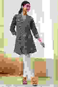 Indigo Cotton Floral Straight Short Kurta image number 5