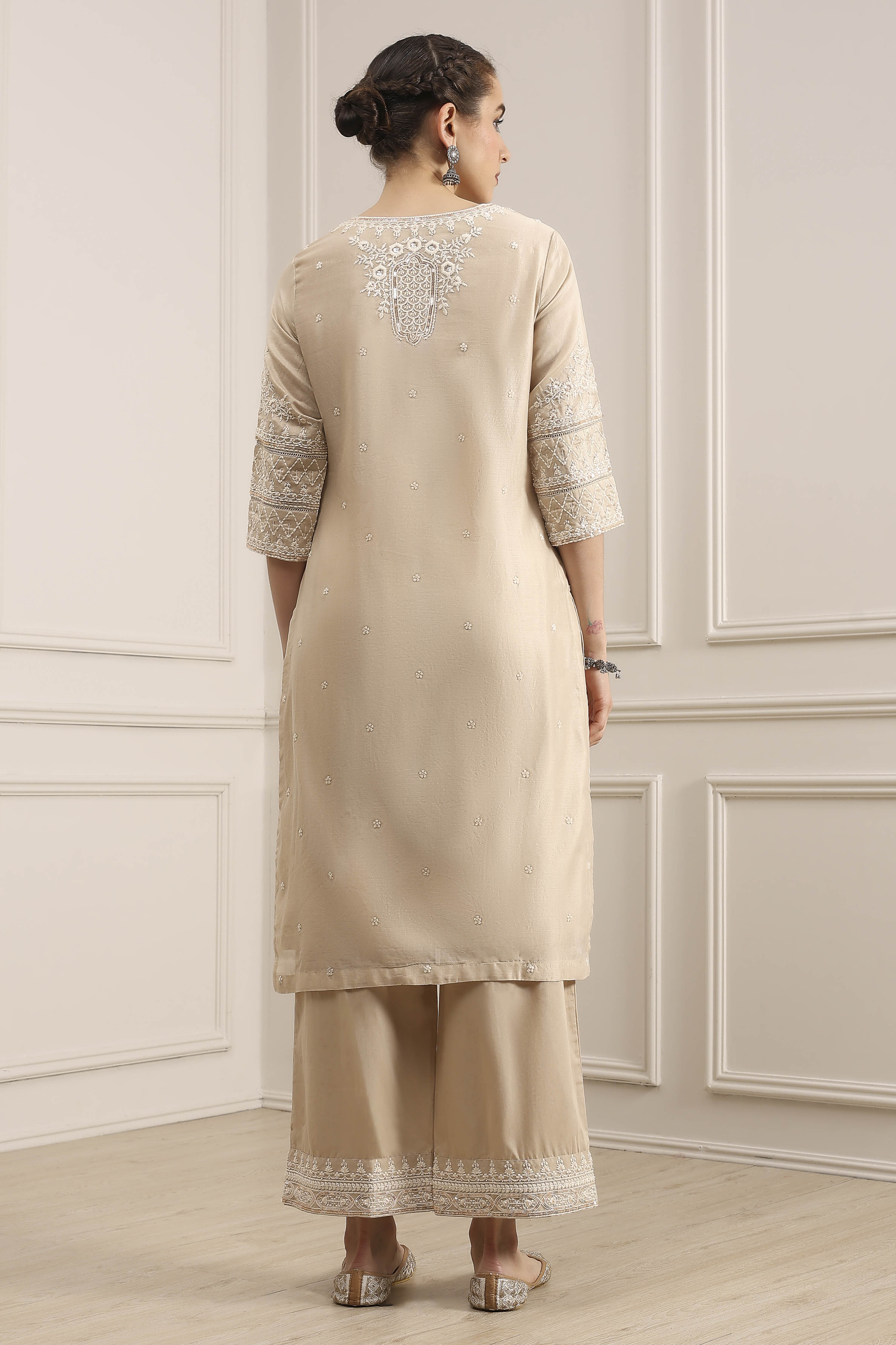 Natural White Chanderi Embroidered Straight Suit Set image number 4