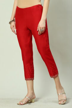 Red Art Silk Cotton Narrow Pants image number 2