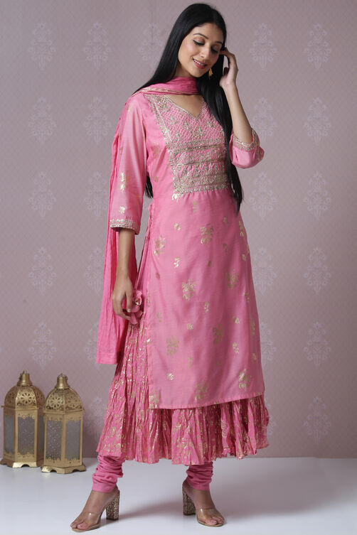 Pink Art Silk Double Layered Kurta Churidar Suit Set image number 7