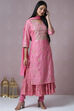 Pink Art Silk Double Layered Kurta Churidar Suit Set