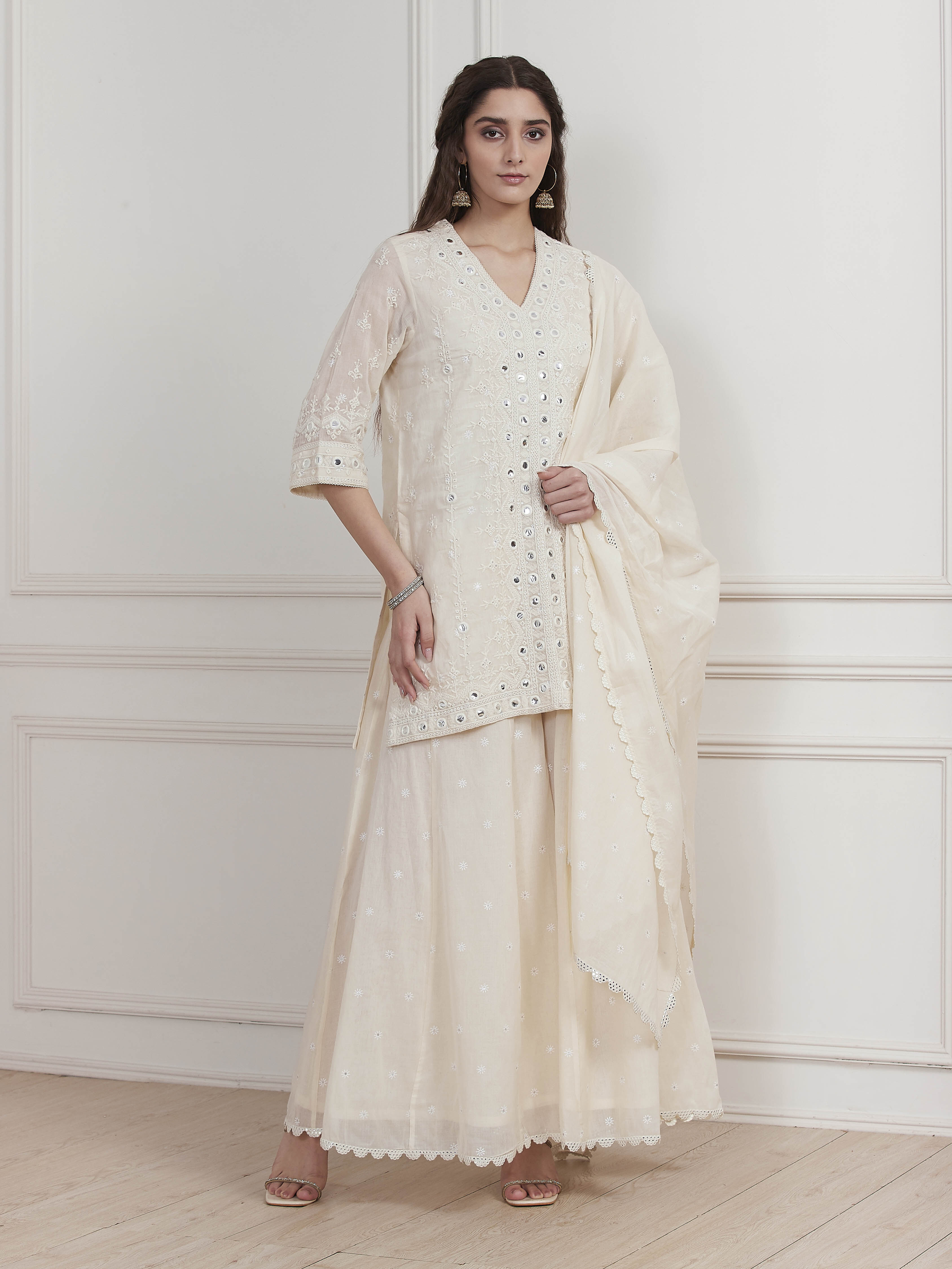 Ecru Cotton Embroidered Straight Sharara Suit Set image number 6