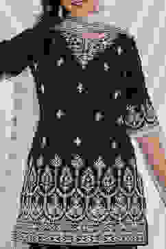 Black Embroidered Straight Kurti & Garara Suit Set image number 1