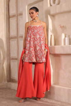Coral Orange Poly Georgette Zari Embroidered Flared Suit Set image number 6