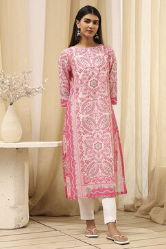 Pink Cotton Printed Straight Kurta image number 5