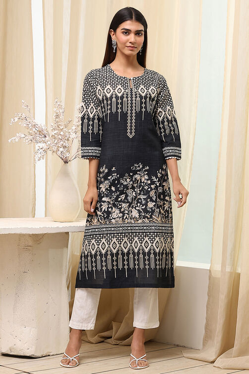 Black Cotton Straight Kurta image number 5