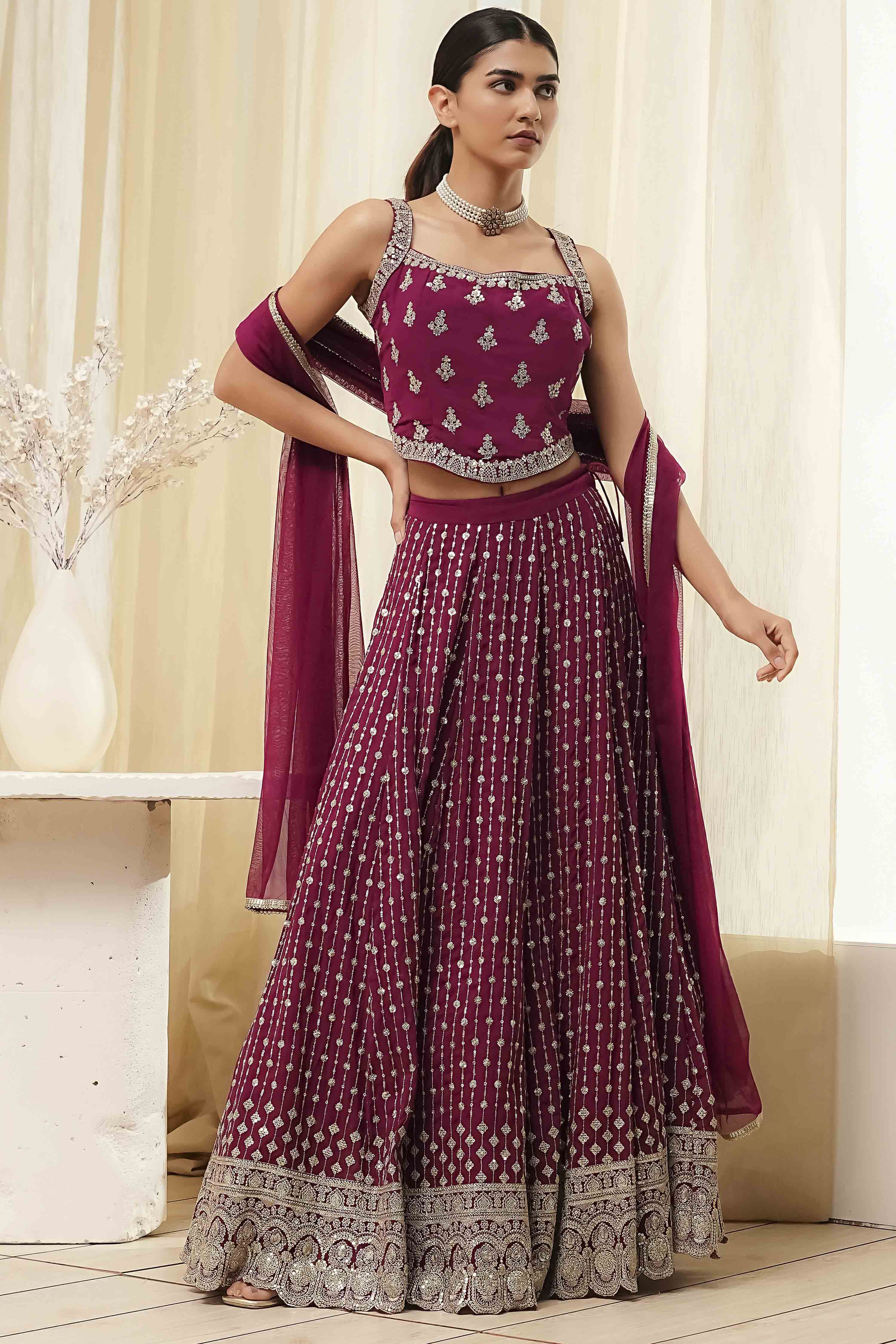 Burgundy Georgette Lehenga Set  image number 6