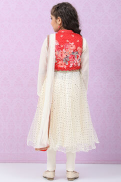 Red & White Art Silk Straight Kurta Churidar Suit Set image number 4