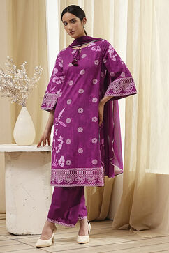 Berry Purple Cotton Straight Suit Set image number 0