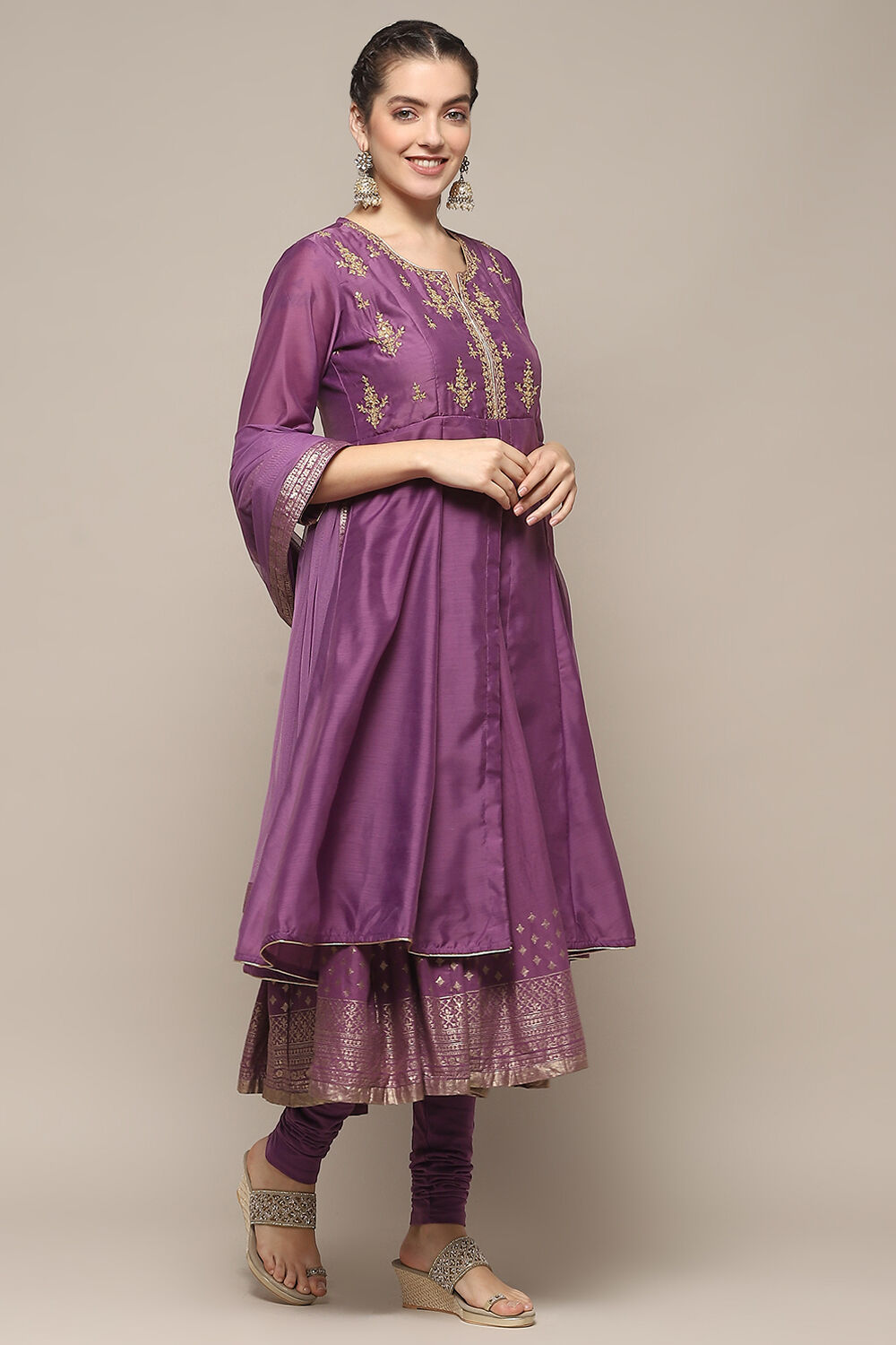 Violet Jersey Anarkali Kurta Churidar Suit Set image number 6