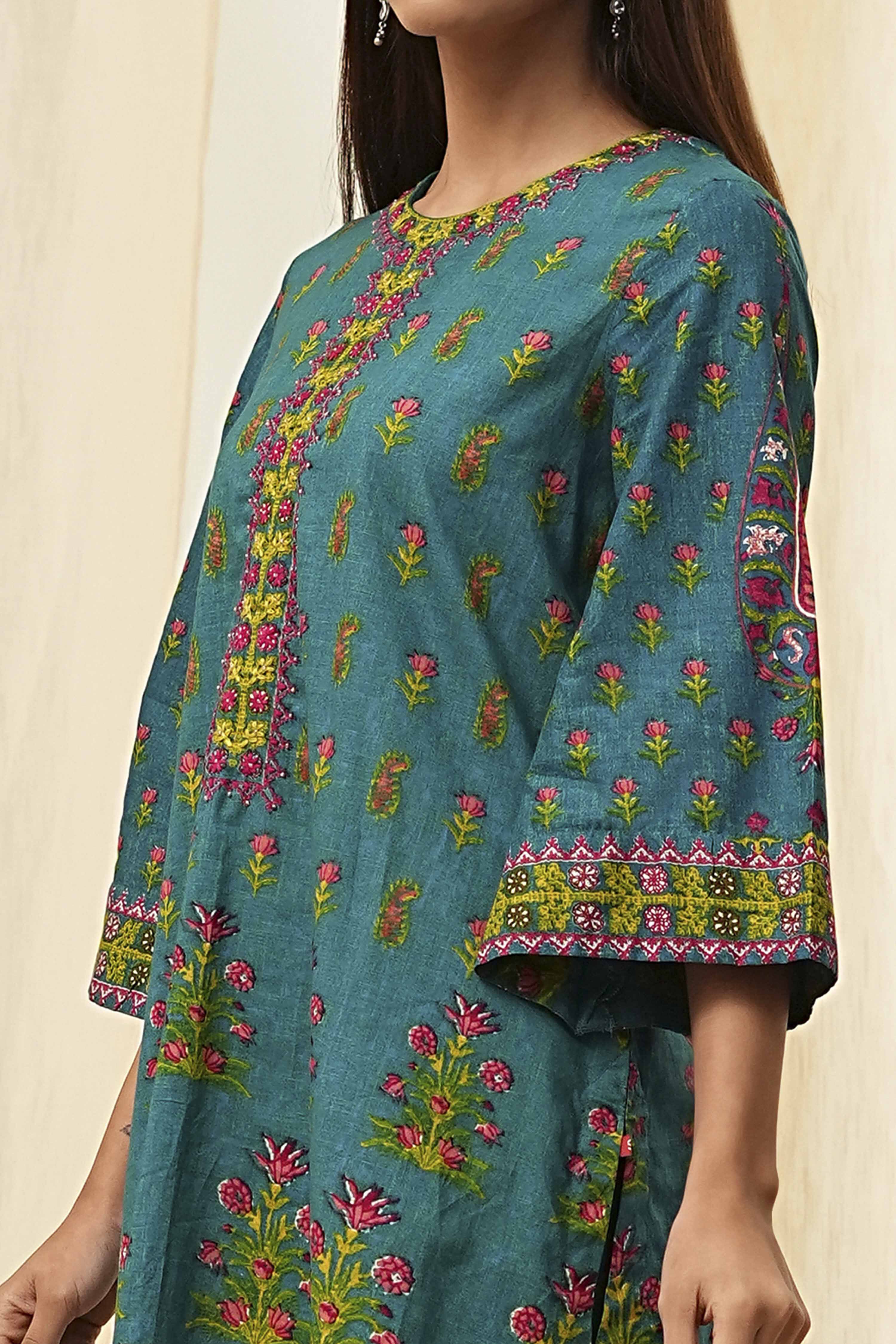 Teal Cotton Printed Straight Kurta Set image number 1