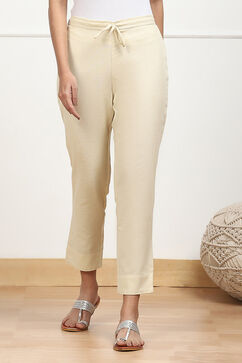 Beige Cotton Solid Regular Pants image number 4