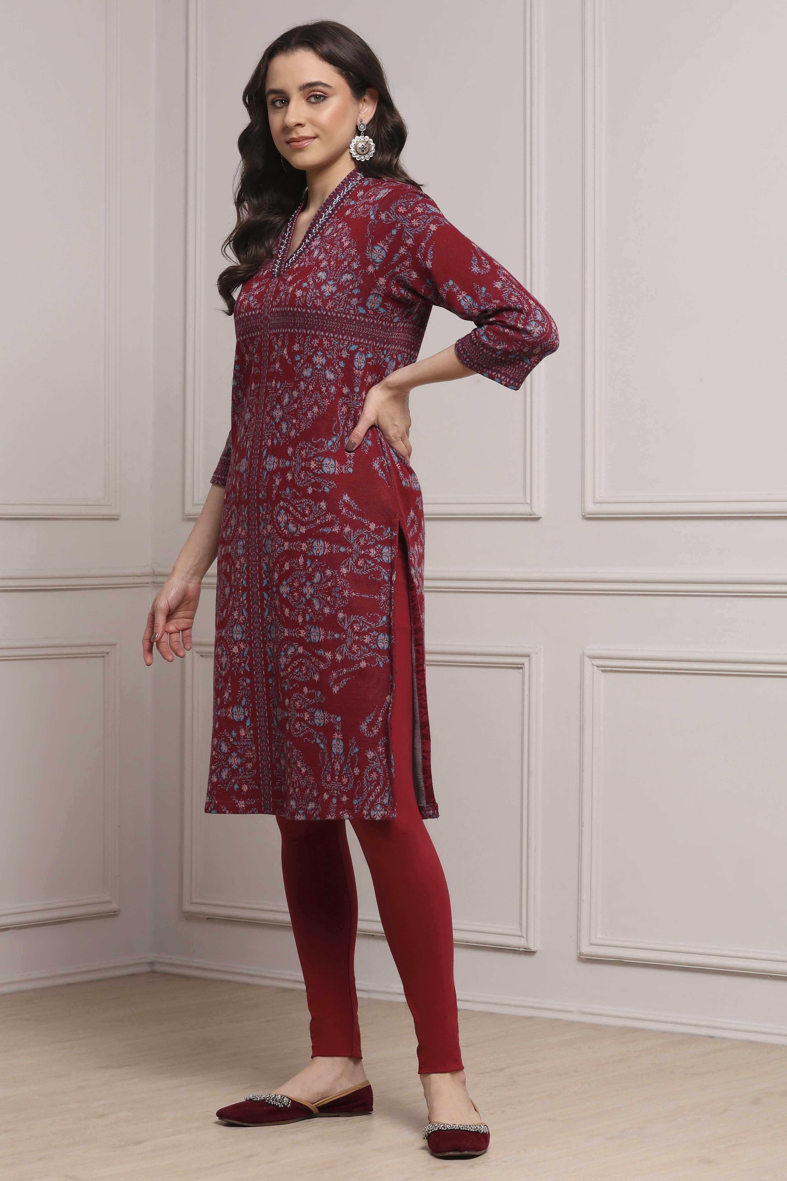 Earthy Green Yarn-Dyed Printed Straight Winter Kurta image number 2