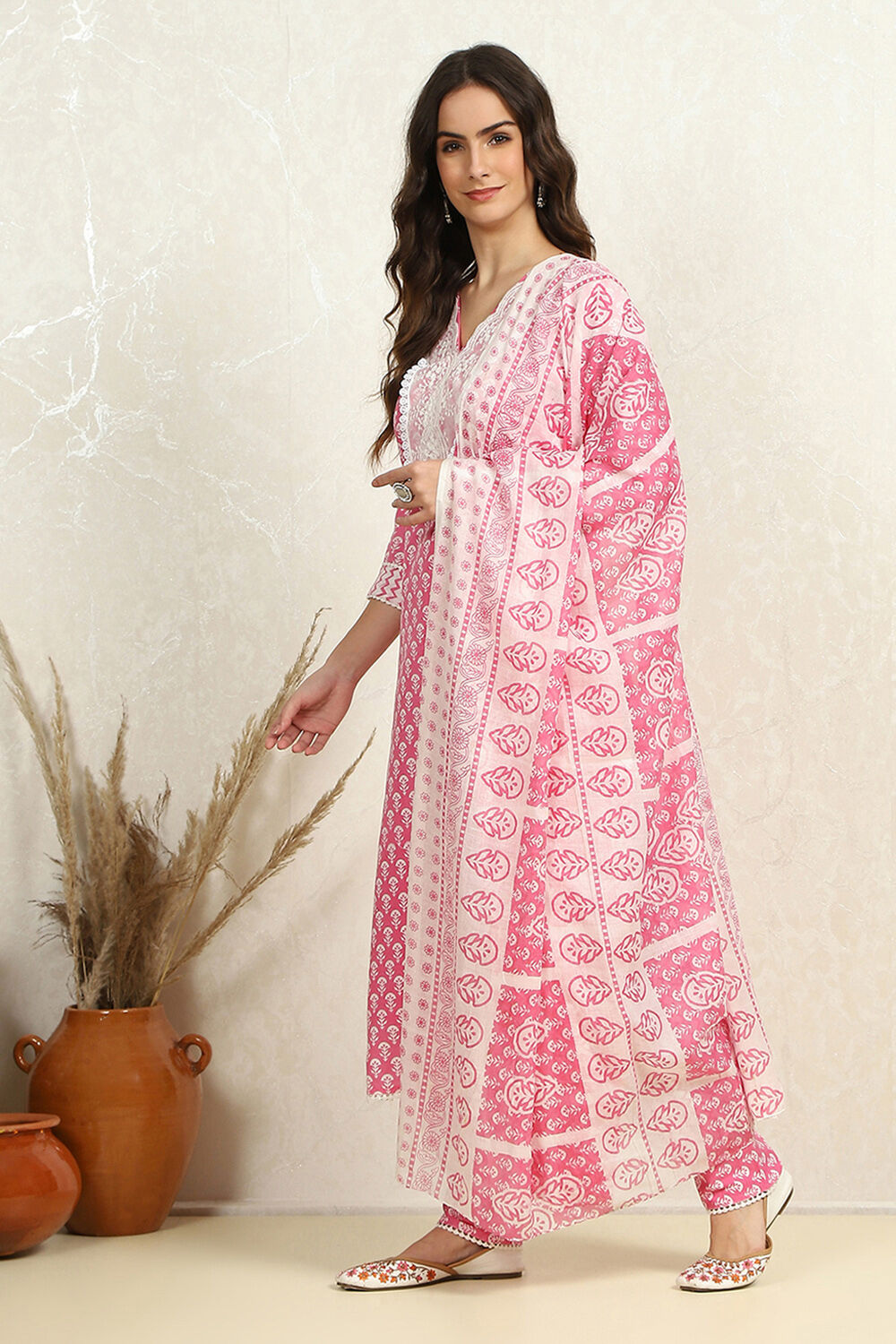 Green and White Cotton Printed Unstitched Suit Set  image number 2