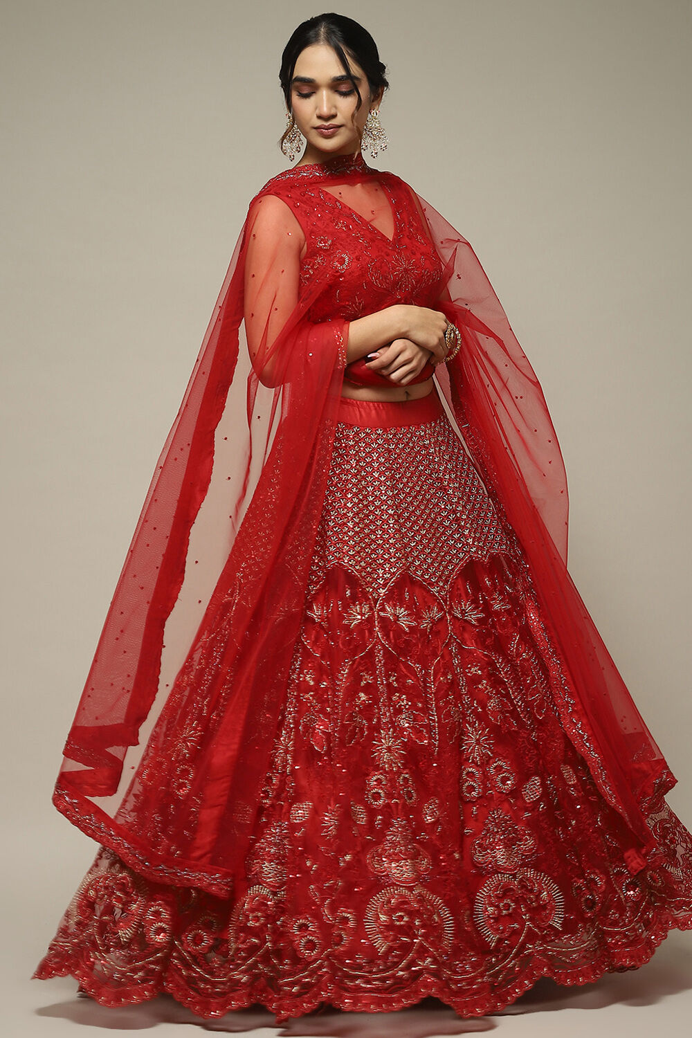 Red Nylon Embroidered Lehenga Set image number 6
