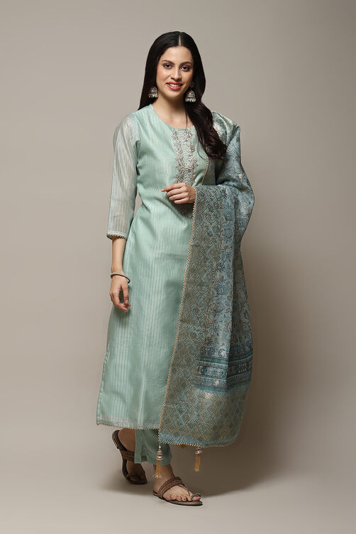 Sky Blue Chanderi Hand Embroidered Unstitched Suit Set image number 7