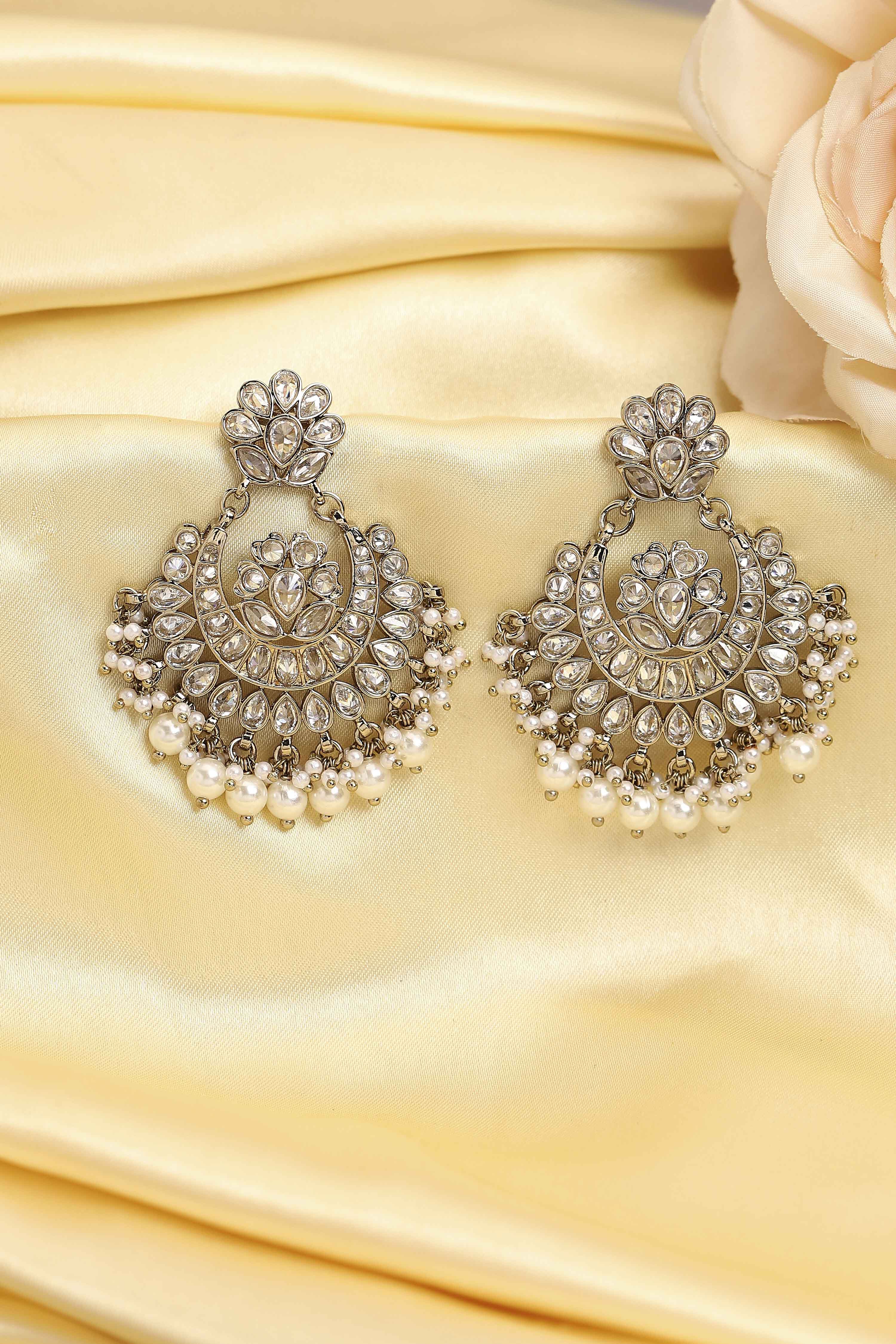 Silver-Toned Gold Plated Brass Studded Chandbalis image number 0