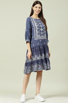 Blue Cotton Flared Fusion Dress image number 3