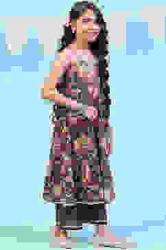 Blue Cotton Tiered Printed Kurta Set image number 3