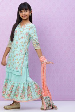 Turquoise Cotton Girls Straight Kurta Sharara Suit Set image number 4