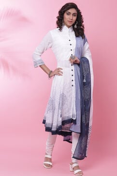 White & Blue Cotton Anarkali Kurta Churidar Suit Set image number 2